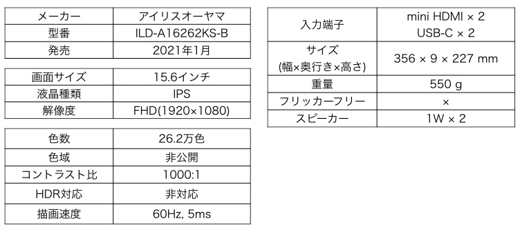 アイリスオーヤマ ILD-A16262KS-B カタログスペック
